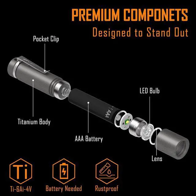 Alt view image 2 of 7 - KeyUnity KF04 Mini LED Flashlight with AAA Battery & Pocket Clip - Super Bright Handheld Size Titanium EDC Keychain Penlight for Outdoor Camping, Hiking, Climbing