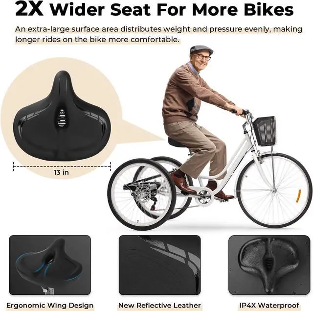 Alt view image 2 of 6 - Oversized Bike Seat for Men Women Comfort,Wide Bike Seat Cushion Replacement, Breathable Corfortable Bicycle Seat Saddle Compatible with Peloton/Exercise/Stationary/Electric/Cruiser Bikes