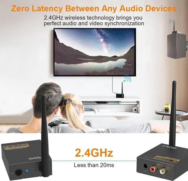 Alt view image 2 of 7 - 2.4Ghz Wireless Audio Transmitter Receiver,192kHz/24bit HiFi Audio,20ms Ultra Low Latency,320ft Long Range RCA Jack Adapter for Speaker/soundbar to TV/PC/CD Player/Computer/Projector