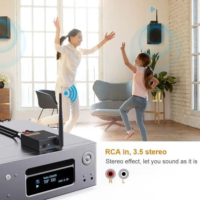 Alt view image 7 of 7 - 2.4Ghz Wireless Audio Transmitter Receiver,192kHz/24bit HiFi Audio,20ms Ultra Low Latency,320ft Long Range RCA Jack Adapter for Speaker/soundbar to TV/PC/CD Player/Computer/Projector