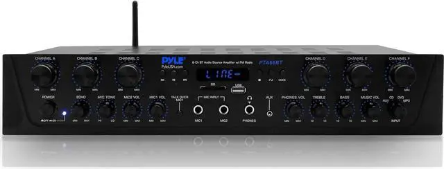 Main image of Wireless Home Audio Amplifier System - Bluetooth Compatible Sound Stereo Receiver Amp - 6 Channel 600 Watt Power, Digital LCD, Headphone Jack, 1/4'' Microphone IN USB SD AUX RCA FM Radio