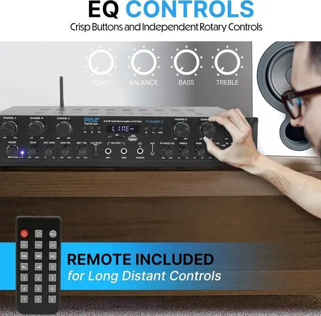 Alt view image 3 of 7 - Wireless Home Audio Amplifier System - Bluetooth Compatible Sound Stereo Receiver Amp - 6 Channel 600 Watt Power, Digital LCD, Headphone Jack, 1/4'' Microphone IN USB SD AUX RCA FM Radio