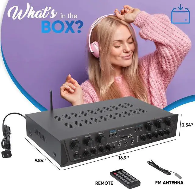 Alt view image 7 of 7 - Wireless Home Audio Amplifier System - Bluetooth Compatible Sound Stereo Receiver Amp - 6 Channel 600 Watt Power, Digital LCD, Headphone Jack, 1/4'' Microphone IN USB SD AUX RCA FM Radio