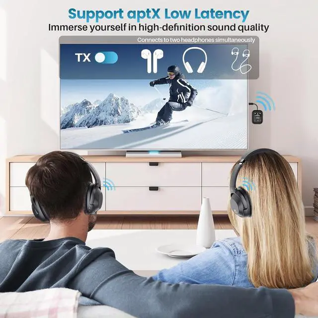 Alt view image 5 of 7 - Upgraded Bluetooth 5.4 Transmitter Receiver for Airplane, Wireless Bluetooth Transmitter Travel Essentials, Supports to 2 Headphones, 2-in-1 Adapter for Planes,TV, Gym,Car,Home Stereo