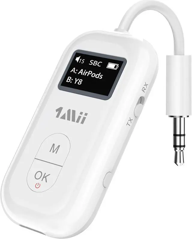 Main image of SafeFly Pro Bluetooth 5.3 Transmitter Receiver, Wireless Audio Adapter w/Screen for 2 Bluetooth Headphones, AptX LL/HD/AD, Use with Any 3.5MM Jack on Airplane, TV & iPad/Tablet