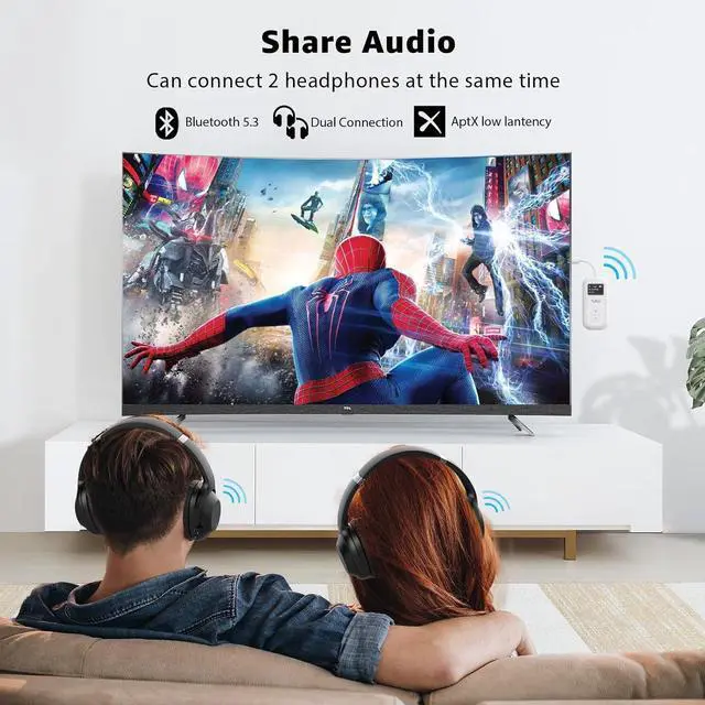 Alt view image 4 of 6 - SafeFly Pro Bluetooth 5.3 Transmitter Receiver, Wireless Audio Adapter w/Screen for 2 Bluetooth Headphones, AptX LL/HD/AD, Use with Any 3.5MM Jack on Airplane, TV & iPad/Tablet