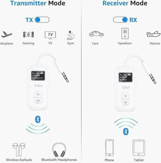 Alt view image 5 of 6 - SafeFly Pro Bluetooth 5.3 Transmitter Receiver, Wireless Audio Adapter w/Screen for 2 Bluetooth Headphones, AptX LL/HD/AD, Use with Any 3.5MM Jack on Airplane, TV & iPad/Tablet