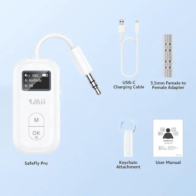 Alt view image 6 of 6 - SafeFly Pro Bluetooth 5.3 Transmitter Receiver, Wireless Audio Adapter w/Screen for 2 Bluetooth Headphones, AptX LL/HD/AD, Use with Any 3.5MM Jack on Airplane, TV & iPad/Tablet