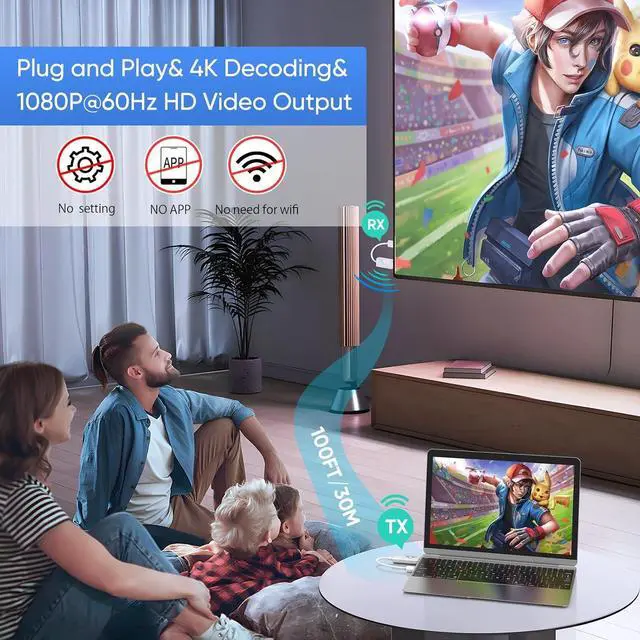 Alt view image 2 of 6 - Wireless HDMI Transmitter and Receiver 100ft/30m,4K Decode 1080P Output Wireless HDMI,2.4G/5G Plug&Play Portable HDMI Wireless,for Streaming Video and Audio to Monitor from Laptop/TV Box