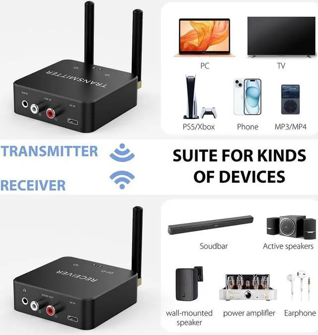 Alt view image 3 of 7 - 5.8GHz&5.2GHz Dual-Band Wireless Audio Transmitter Receiver for TV/PC, 160ft Long Range 0.018s Low Latency with bulit-in 2.4G Bluetooth 5.3 Receiver, Wireless Adapter Kit with RCA(3.5mm) Out/Input