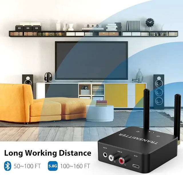 Alt view image 6 of 7 - 5.8GHz&5.2GHz Dual-Band Wireless Audio Transmitter Receiver for TV/PC, 160ft Long Range 0.018s Low Latency with bulit-in 2.4G Bluetooth 5.3 Receiver, Wireless Adapter Kit with RCA(3.5mm) Out/Input