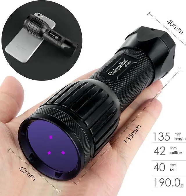 Alt view image 2 of 7 - 1408 365nm Black Light UV Flashlight with 3 LEDs Professional UV Light,Powerful Blacklight Flashlight for Pet Urine Finding & Mineral, Antique Detection, Scorpion Search, etc