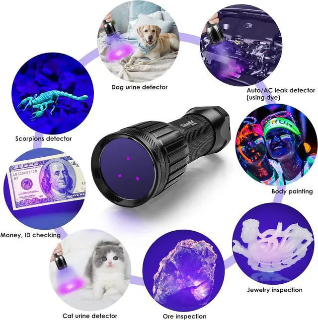 Alt view image 7 of 7 - 1408 365nm Black Light UV Flashlight with 3 LEDs Professional UV Light,Powerful Blacklight Flashlight for Pet Urine Finding & Mineral, Antique Detection, Scorpion Search, etc