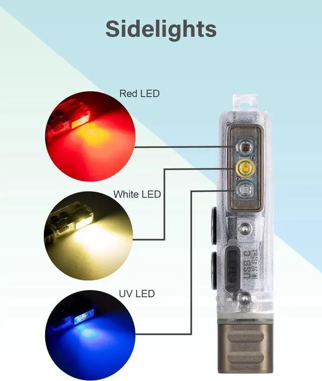 Alt view image 2 of 4 - Angel Eyes E8 Keychain Flashlight, 700 Lumens, AAA Battery Compatible, USB C Rechargeable EDC Flashlight (365nm Blacklight/Red/White)