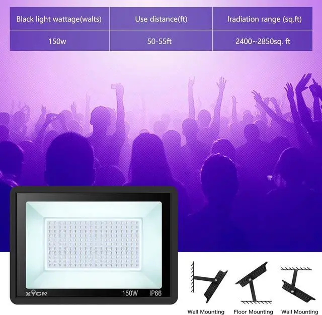Alt view image 6 of 7 - 2 Pack 150W LED Black Light, Blacklight Flood Light with Plug, IP66 Waterproof Black Flood Light Neon Glow for Glow Party, Halloween, Fluorescent Poster, Body Paint, Aquarium, Glow in The Dark