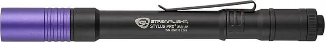 Alt view image 2 of 7 - Streamlight 66148 Stylus Pro USB 400nm UV Rechargeable Penlight with 120V AC Adapter, USB Cord and Nylon Holster, Black