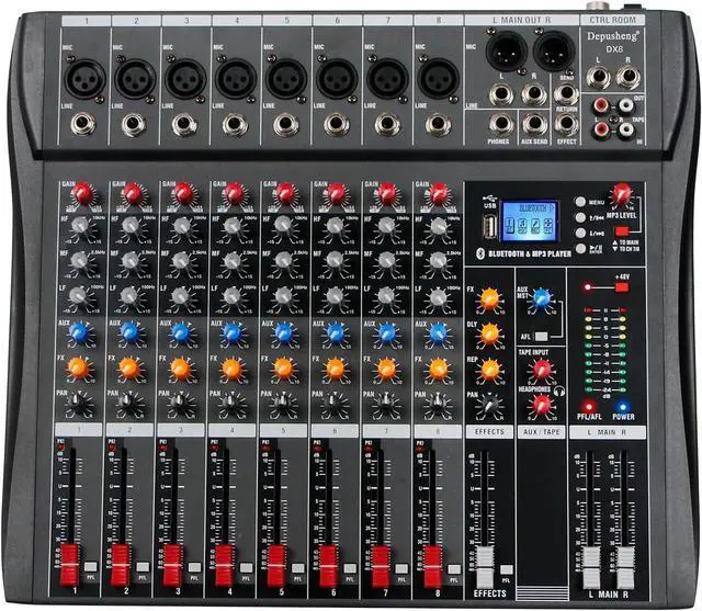 Main image of DX8 Professional Mixer Sound Board Console 8 Channel Desk System Interface Digital USB MP3 Input 48V Phantom Power Stereo DJ Studio FX Steel Chassis,Black Bluetooth USB Audio Mixer for PC