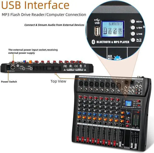 Alt view image 5 of 7 - DX8 Professional Mixer Sound Board Console 8 Channel Desk System Interface Digital USB MP3 Input 48V Phantom Power Stereo DJ Studio FX Steel Chassis,Black Bluetooth USB Audio Mixer for PC
