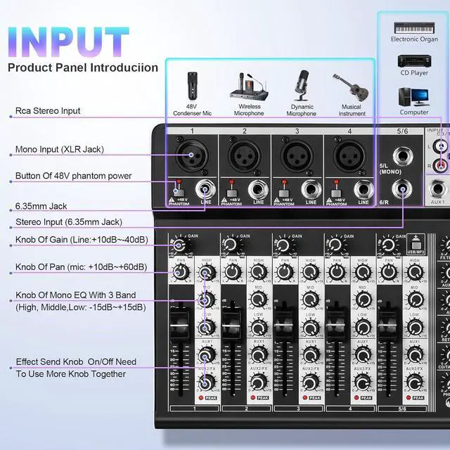 Alt view image 2 of 7 - 6 Channel Audio Interface Sound Board Mixing Console 16-Bit DSP DJ Mixer Audio Reverb Effect +48V Phantom Bluetooth Studio Audio Mixer For Karaoke Studio Streaming Recording