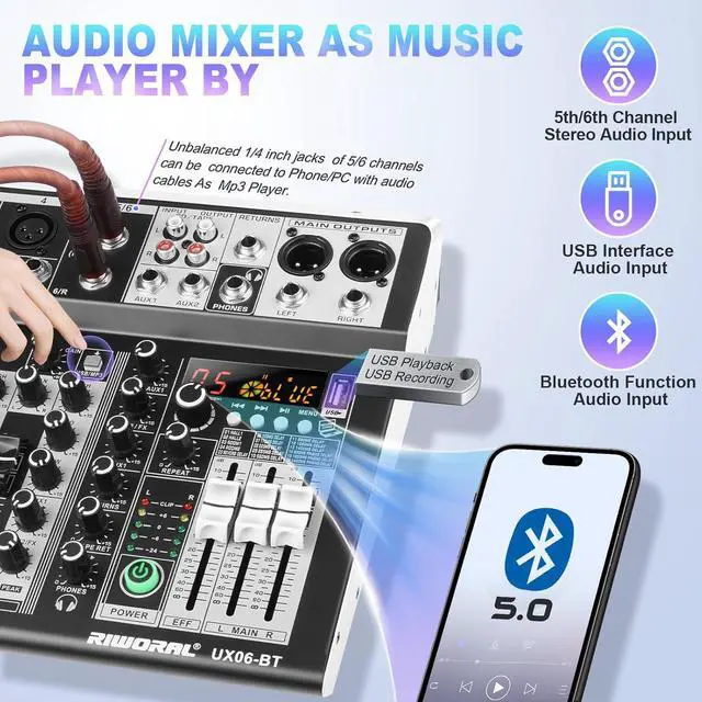 Alt view image 4 of 7 - 6 Channel Audio Interface Sound Board Mixing Console 16-Bit DSP DJ Mixer Audio Reverb Effect +48V Phantom Bluetooth Studio Audio Mixer For Karaoke Studio Streaming Recording