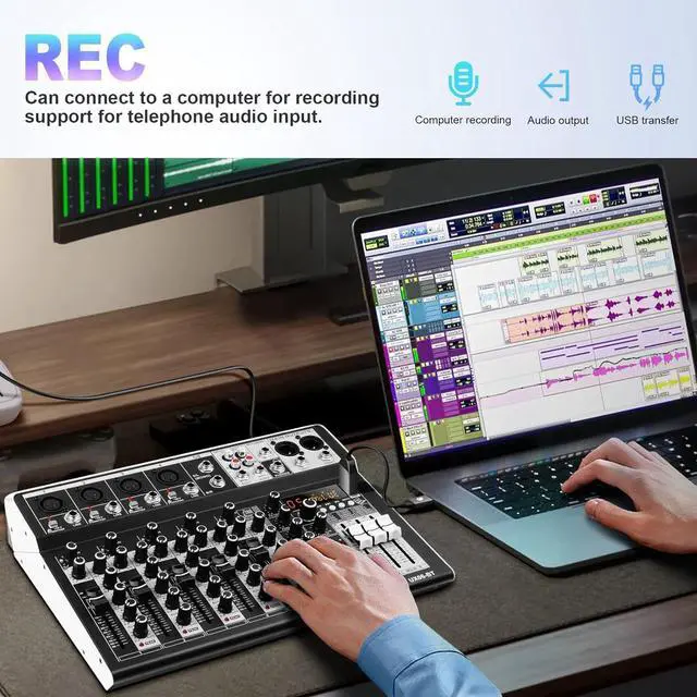 Alt view image 7 of 7 - 6 Channel Audio Interface Sound Board Mixing Console 16-Bit DSP DJ Mixer Audio Reverb Effect +48V Phantom Bluetooth Studio Audio Mixer For Karaoke Studio Streaming Recording