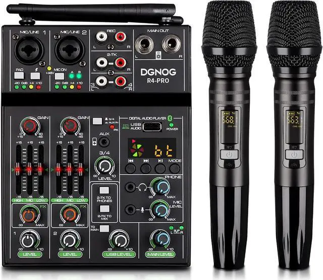 Main image of Professional Audio Mixer, 4 Channel Sound Mixer With Dual Wireless Mic, Sound Board Console MP3 Bluetooth 48V Phantom Power USB Interface DJ Mixing for Home Karaoke Py Computer Studio Recording