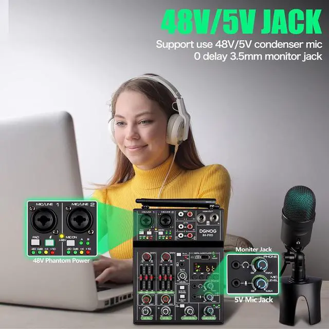 Alt view image 2 of 7 - Professional Audio Mixer, 4 Channel Sound Mixer With Dual Wireless Mic, Sound Board Console MP3 Bluetooth 48V Phantom Power USB Interface DJ Mixing for Home Karaoke Py Computer Studio Recording