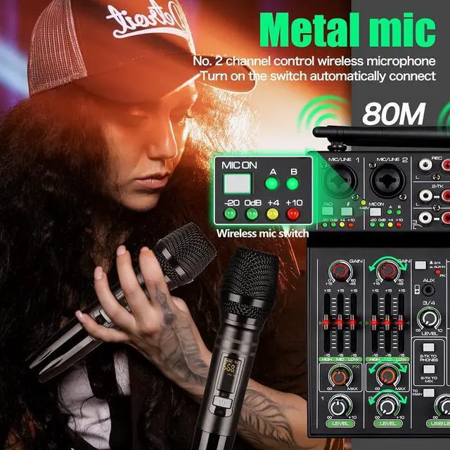 Alt view image 4 of 7 - Professional Audio Mixer, 4 Channel Sound Mixer With Dual Wireless Mic, Sound Board Console MP3 Bluetooth 48V Phantom Power USB Interface DJ Mixing for Home Karaoke Py Computer Studio Recording