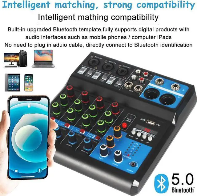 Alt view image 4 of 7 - Professional Audio Mixer, Sound Board Console System, Interface 5 Channel Digital USB Bluetooth MP3 Computer Input 48V Phantom Power Stereo DJ Studio Streaming FX 16-Bit DSP Processor