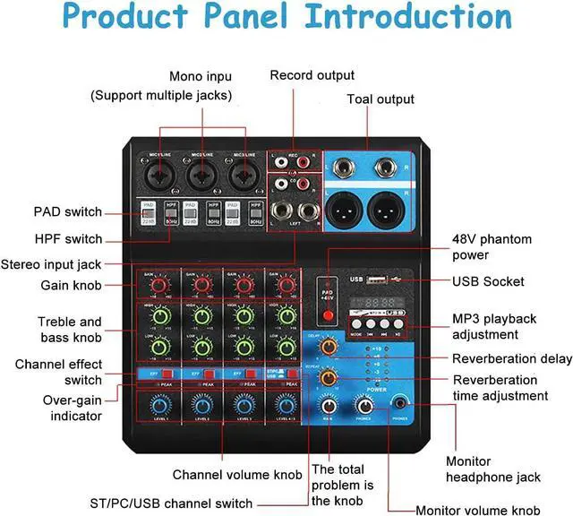 Alt view image 6 of 7 - Professional Audio Mixer, Sound Board Console System, Interface 5 Channel Digital USB Bluetooth MP3 Computer Input 48V Phantom Power Stereo DJ Studio Streaming FX 16-Bit DSP Processor