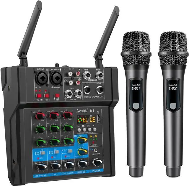 Main image of 150W x2 Powered Amplifier Audio Mixer,4 Channel With Dual Wireless Mic Sound Board Console MP3 Digital USB Bluetooth Computer Input 48V Phantom Power Stereo DJ Mixing for Karaoke Party