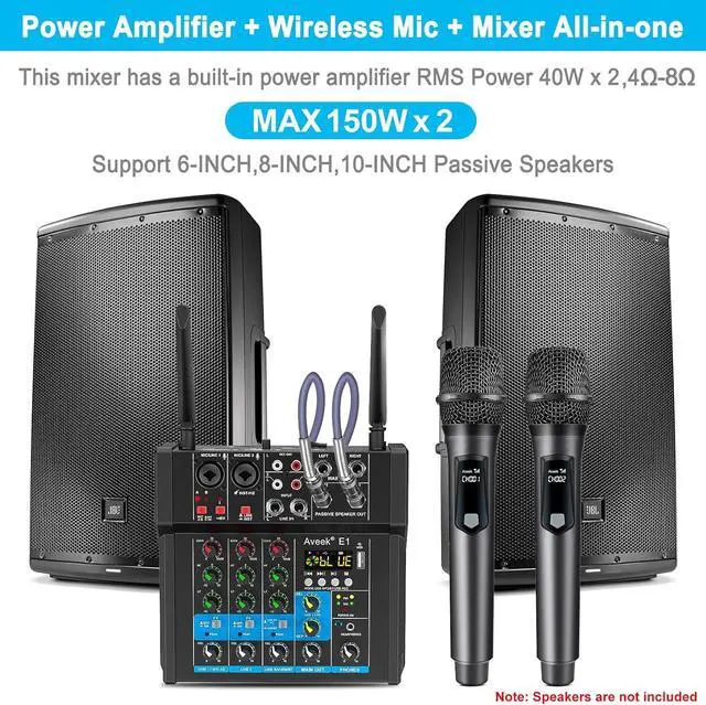 Alt view image 2 of 7 - 150W x2 Powered Amplifier Audio Mixer,4 Channel With Dual Wireless Mic Sound Board Console MP3 Digital USB Bluetooth Computer Input 48V Phantom Power Stereo DJ Mixing for Karaoke Party