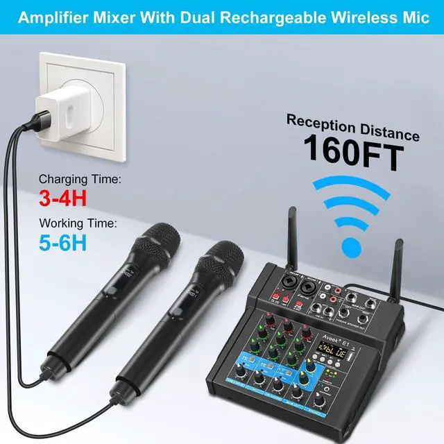 Alt view image 3 of 7 - 150W x2 Powered Amplifier Audio Mixer,4 Channel With Dual Wireless Mic Sound Board Console MP3 Digital USB Bluetooth Computer Input 48V Phantom Power Stereo DJ Mixing for Karaoke Party