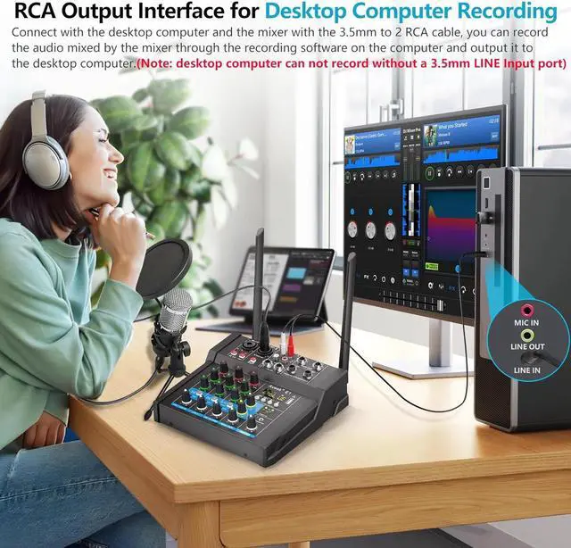 Alt view image 6 of 7 - 150W x2 Powered Amplifier Audio Mixer,4 Channel With Dual Wireless Mic Sound Board Console MP3 Digital USB Bluetooth Computer Input 48V Phantom Power Stereo DJ Mixing for Karaoke Party
