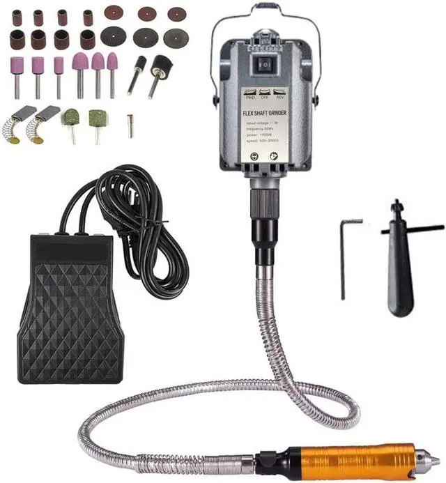 Main image of 1000W Rotary Tool Flex Shaft Electric Hanging Grinder Carver, Forward and Reverse Rotation, Multi-Function Metalworking Jewelry Repair Kit, Foot Pedal Control, Metal Flexible Shaft, 30000 RPM