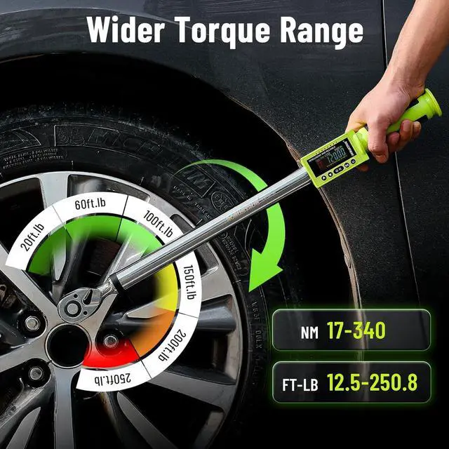 Alt view image 2 of 7 - 1/2-Inch Drive Digital Torque Wrench, 12.5-250.8 ft-lb/17-340Nm & ±2% Accuracy, Electronic Torque Wrench with Buzzer & LED, 500 Data Memory & 10 Presets for Bike Motorcycle Auto Repair