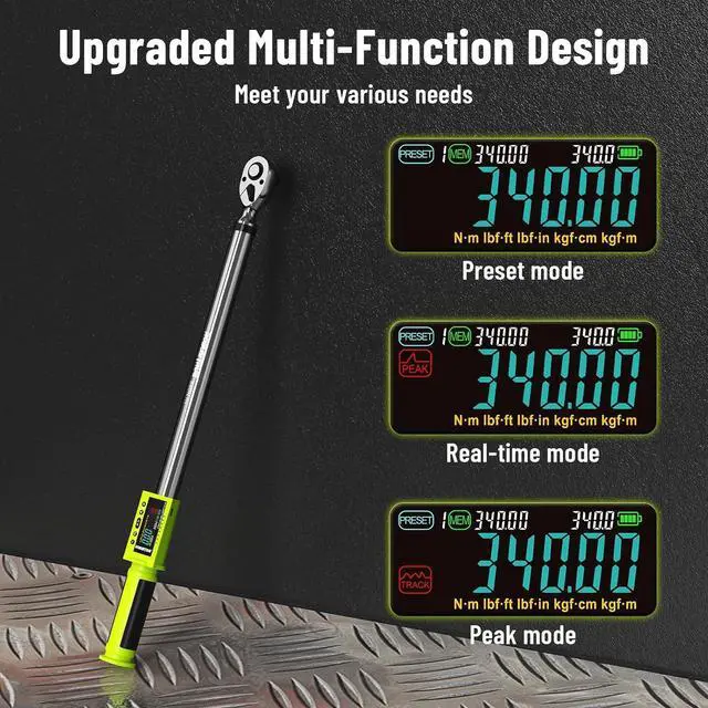 Alt view image 5 of 7 - 1/2-Inch Drive Digital Torque Wrench, 12.5-250.8 ft-lb/17-340Nm & ±2% Accuracy, Electronic Torque Wrench with Buzzer & LED, 500 Data Memory & 10 Presets for Bike Motorcycle Auto Repair