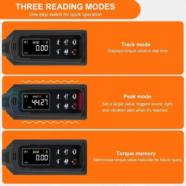 Alt view image 2 of 6 - Digital Torque Wrench 3/8 Drive, 0.66-44.29Ft.lbs/0.9-60Nm Range, Electric Torque Wrench with Dual Direction Ratchet, ±2% Accuracy with Vibration, Buzzer and LED Alert