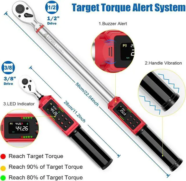 Alt view image 2 of 7 - 3/8" & 1/2" Digital Torque Wrench Set, (0.66-44.3 Ft.lb/0.9-60 Nm) & (3.8-250.8 Ft.lb/5.1-340 Nm), 8Pcs Electronic Torque Wrench Set with Vibration Handle, ±1% Accuracy for Bike, Moto, Car