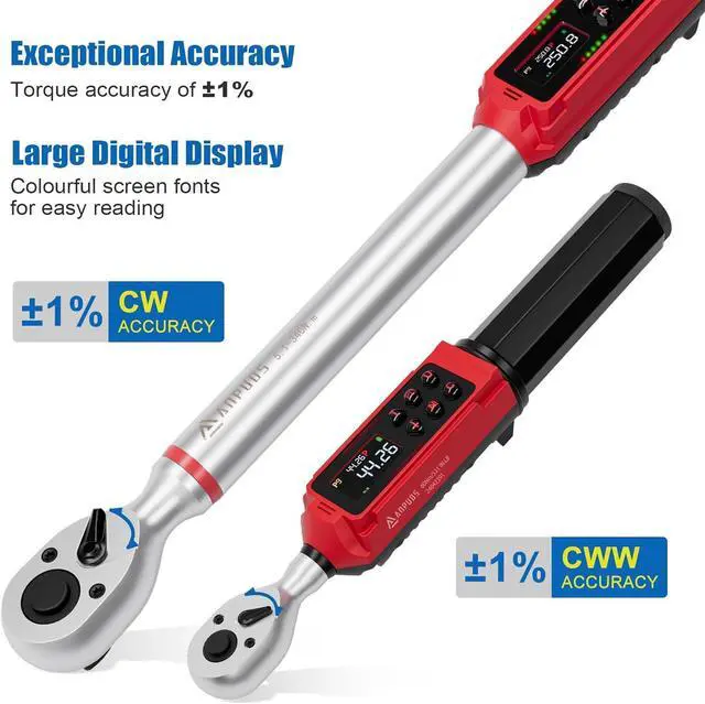 Alt view image 3 of 7 - 3/8" & 1/2" Digital Torque Wrench Set, (0.66-44.3 Ft.lb/0.9-60 Nm) & (3.8-250.8 Ft.lb/5.1-340 Nm), 8Pcs Electronic Torque Wrench Set with Vibration Handle, ±1% Accuracy for Bike, Moto, Car