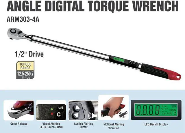 Alt view image 2 of 7 - ARM303-4A-340 1/2" Heavy Duty Digital Torque Wrench with Buzzer and LED Flash Notification - ISO 6789 Standards with Certificate of Calibration