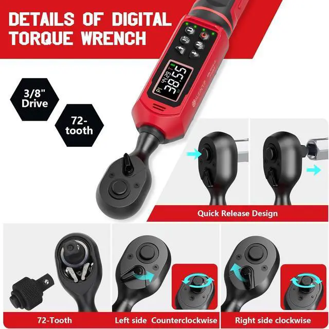 Alt view image 3 of 7 - 3/8-inch Digital Torque Wrench(0.66-44.29Ft.Lb/0.9-60N.m) ±1% Accuracy Digital Torque Wrench with Vibration, Buzzer,LED Notification and Five Units of Measure, for Bike, DIY and Home Repair
