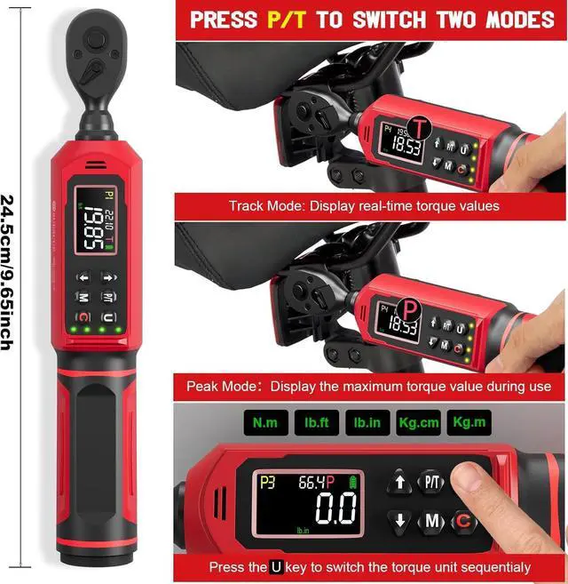 Alt view image 4 of 7 - 3/8-inch Digital Torque Wrench(0.66-44.29Ft.Lb/0.9-60N.m) ±1% Accuracy Digital Torque Wrench with Vibration, Buzzer,LED Notification and Five Units of Measure, for Bike, DIY and Home Repair