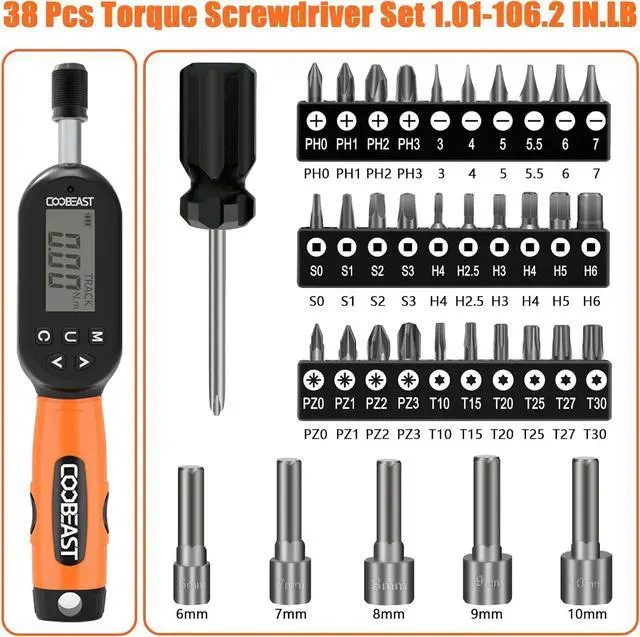 Alt view image 2 of 7 - 38pcs Digital Torque Screwdriver, 1.01-106.2 in-lbs/0.11-12 Nm, 1/4 inch Drive Electronic Adjustable Torque Wrench Set Vibration with Buzzer/LED Notification for Gunsmithing, Scope Mounting