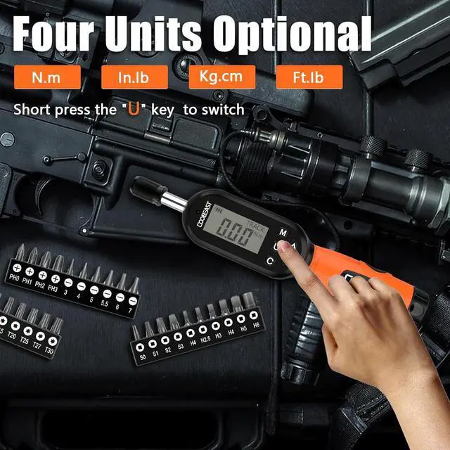 Alt view image 5 of 7 - 38pcs Digital Torque Screwdriver, 1.01-106.2 in-lbs/0.11-12 Nm, 1/4 inch Drive Electronic Adjustable Torque Wrench Set Vibration with Buzzer/LED Notification for Gunsmithing, Scope Mounting