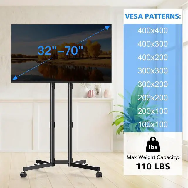 Alt view image 2 of 7 - Rolling TV Stand, Mobile TV Cart for 32-70 Inch LCD LED Flat & Curved TVs, Height Adjustable Floor TV Stand with Wheels, Outdoor Portable TV Stand Holds up to 110 lbs, Max VESA 400x400mm