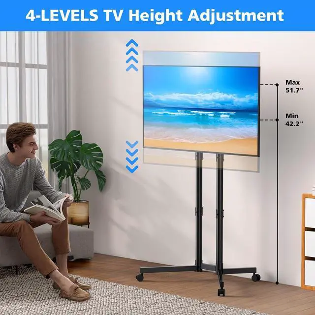 Alt view image 3 of 7 - Rolling TV Stand, Mobile TV Cart for 32-70 Inch LCD LED Flat & Curved TVs, Height Adjustable Floor TV Stand with Wheels, Outdoor Portable TV Stand Holds up to 110 lbs, Max VESA 400x400mm