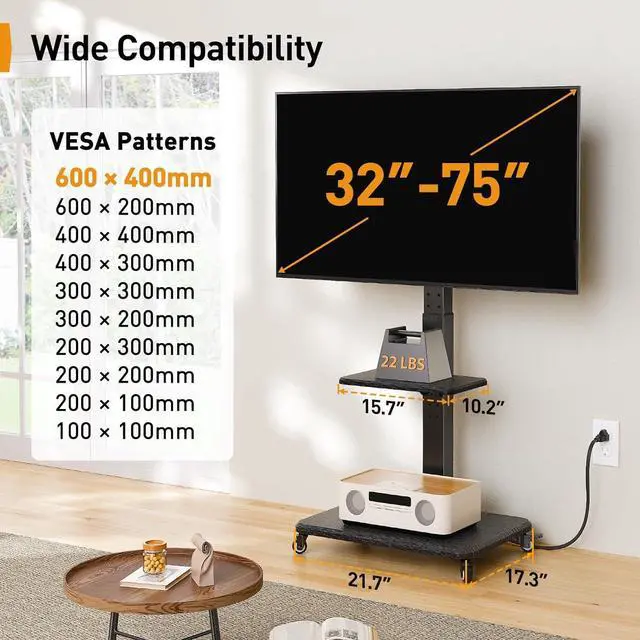 Alt view image 3 of 7 - Mobile TV Stand with Power Outlet, Tilt & Swivel Rolling TV Cart for 32 to 65 70 75 inch TVs up to 110 lbs, Height Adjustable Rolling TV Stand with Wheels, Max VESA 600x400mm, PGTVMC17