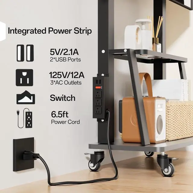 Alt view image 2 of 6 - Rolling TV Stand with Power Outlet, Mobile TV Cart with Wheels for 32 to 65 70 75 83 inch TV, Portable TV Stand with Shelf,Hight Adjustable,Holds up to 150LBS, Vesa 600×500mm.