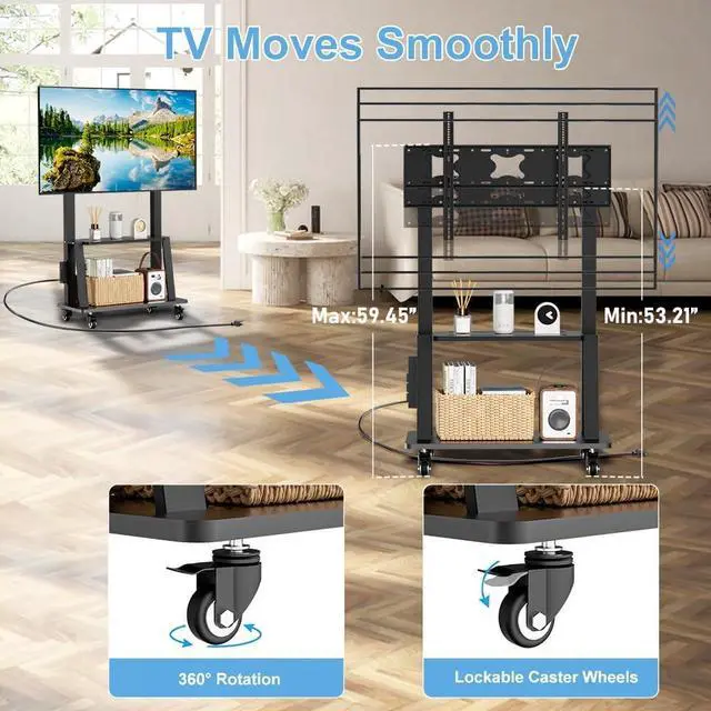 Alt view image 4 of 6 - Rolling TV Stand with Power Outlet, Mobile TV Cart with Wheels for 32 to 65 70 75 83 inch TV, Portable TV Stand with Shelf,Hight Adjustable,Holds up to 150LBS, Vesa 600×500mm.